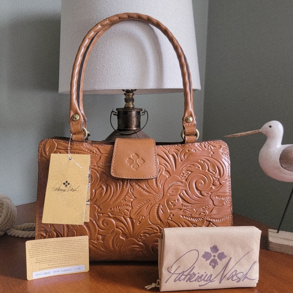 NWT Patricia Nash Rienzo Satchel Florence Tan Tooled Leather & Brass #P35707 - Picture 1 of 16